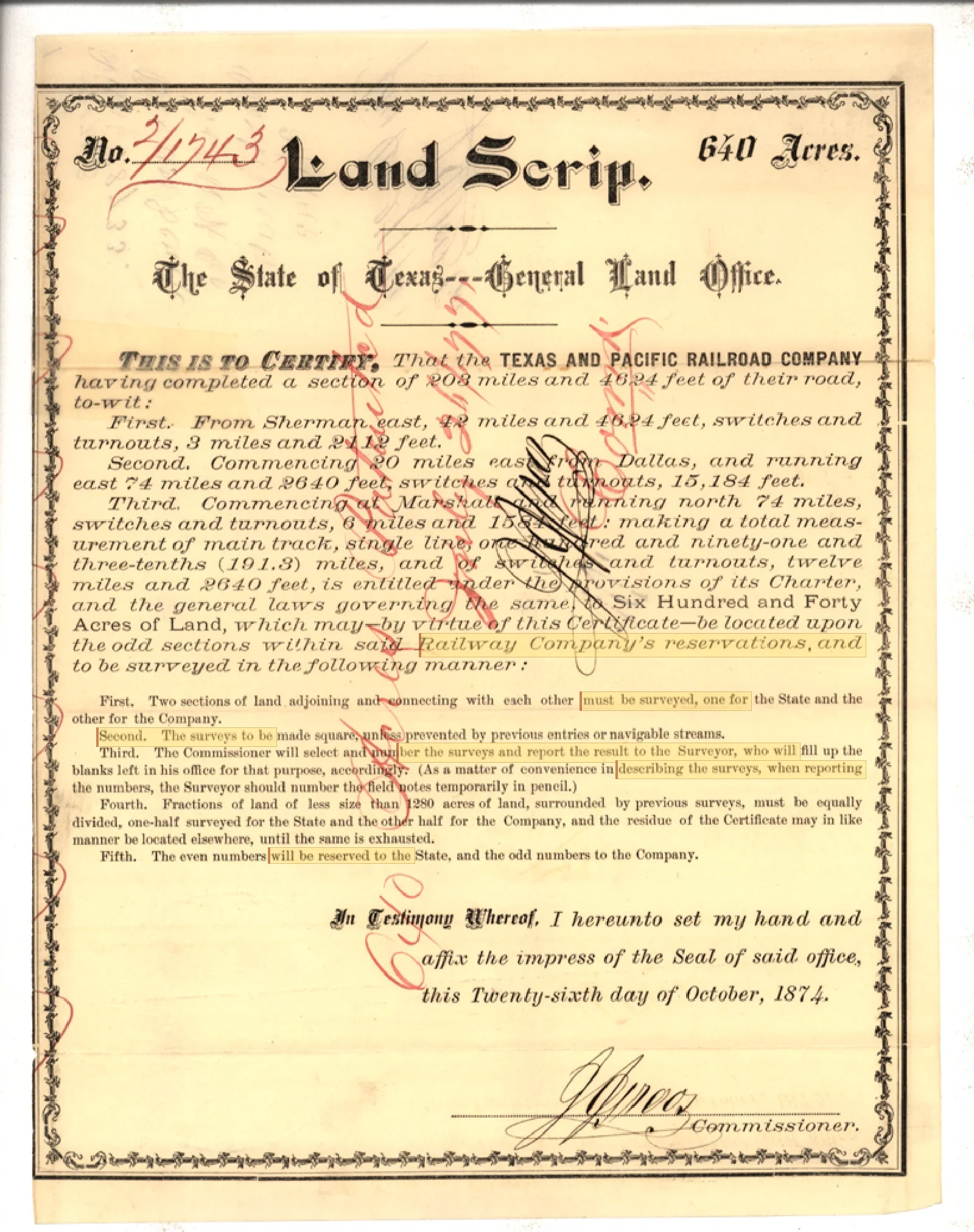 Texas and Pacific Railway Company Original Cursive Land Grant & Field Notes (Howard County, Abstract A-249)